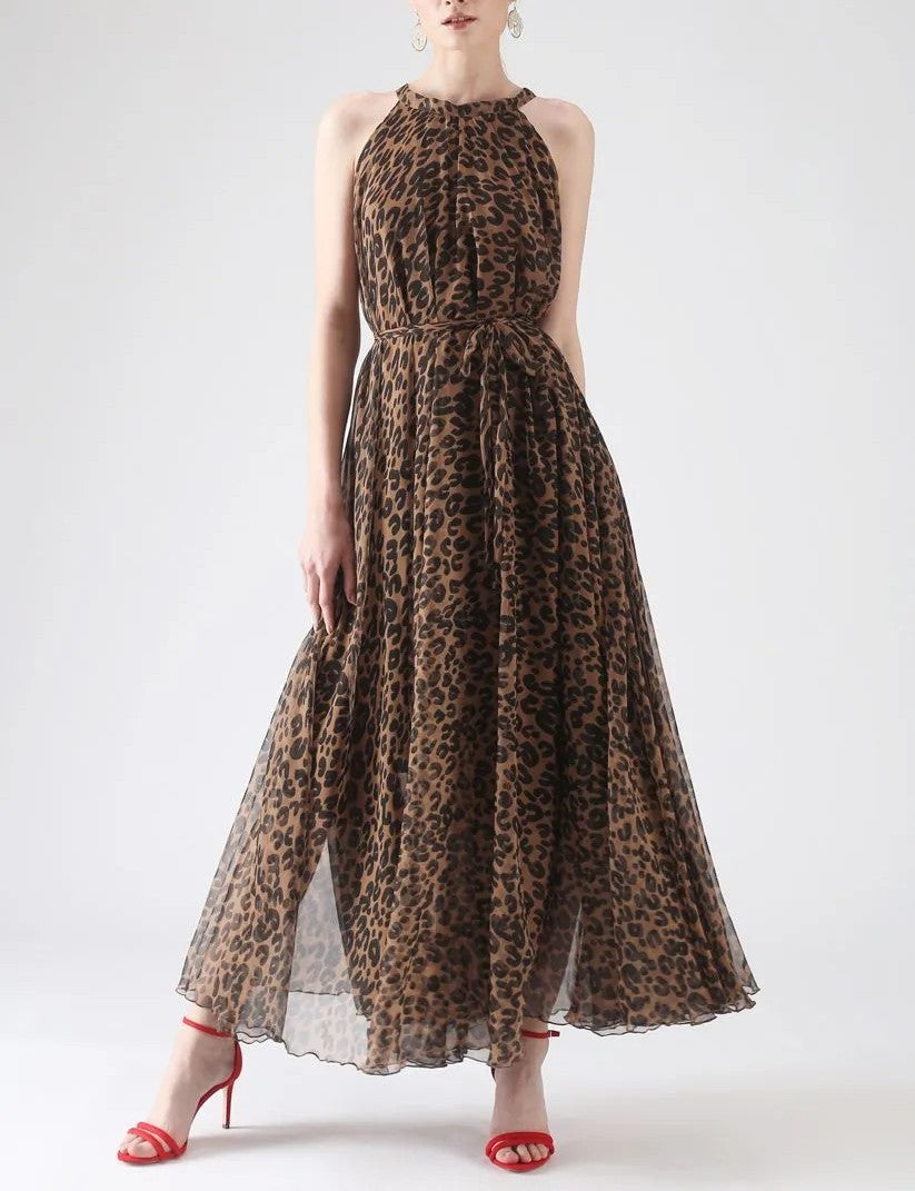 Watercolor Leopard Print Reversible Halter Maxi Slip Dress