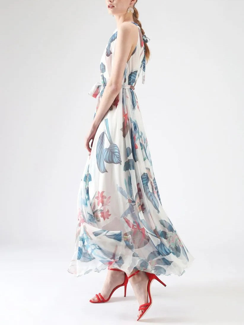 White Tropical Watercolor Floral Halter Maxi Slip Dress