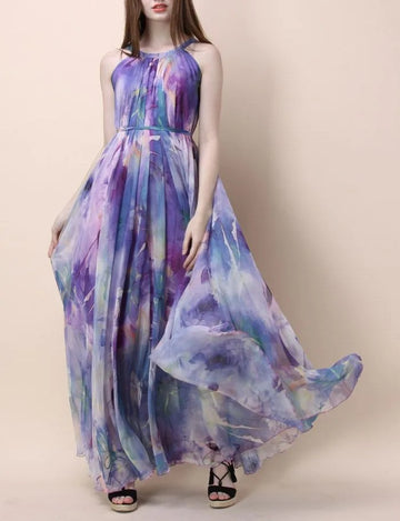Violet Watercolor Floral Reversible Halter Maxi Slip Dress