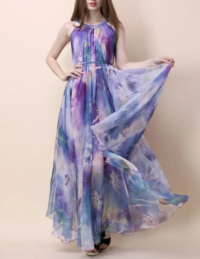 Violet Watercolor Floral Reversible Halter Maxi Slip Dress