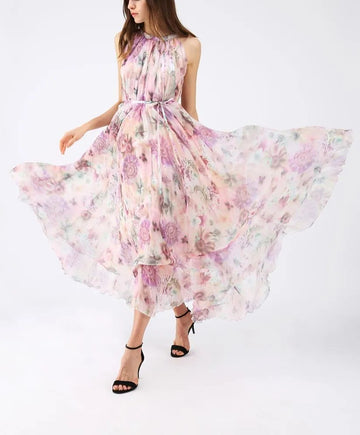 Pastel Floral Reversible Halter Chiffon Maxi Dress