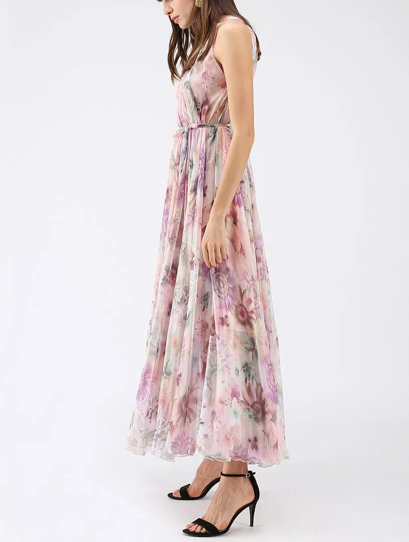 Pastel Floral Reversible Halter Chiffon Maxi Dress