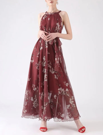 Wine Red Plum Blossom Reversible Halter Maxi Slip Dress