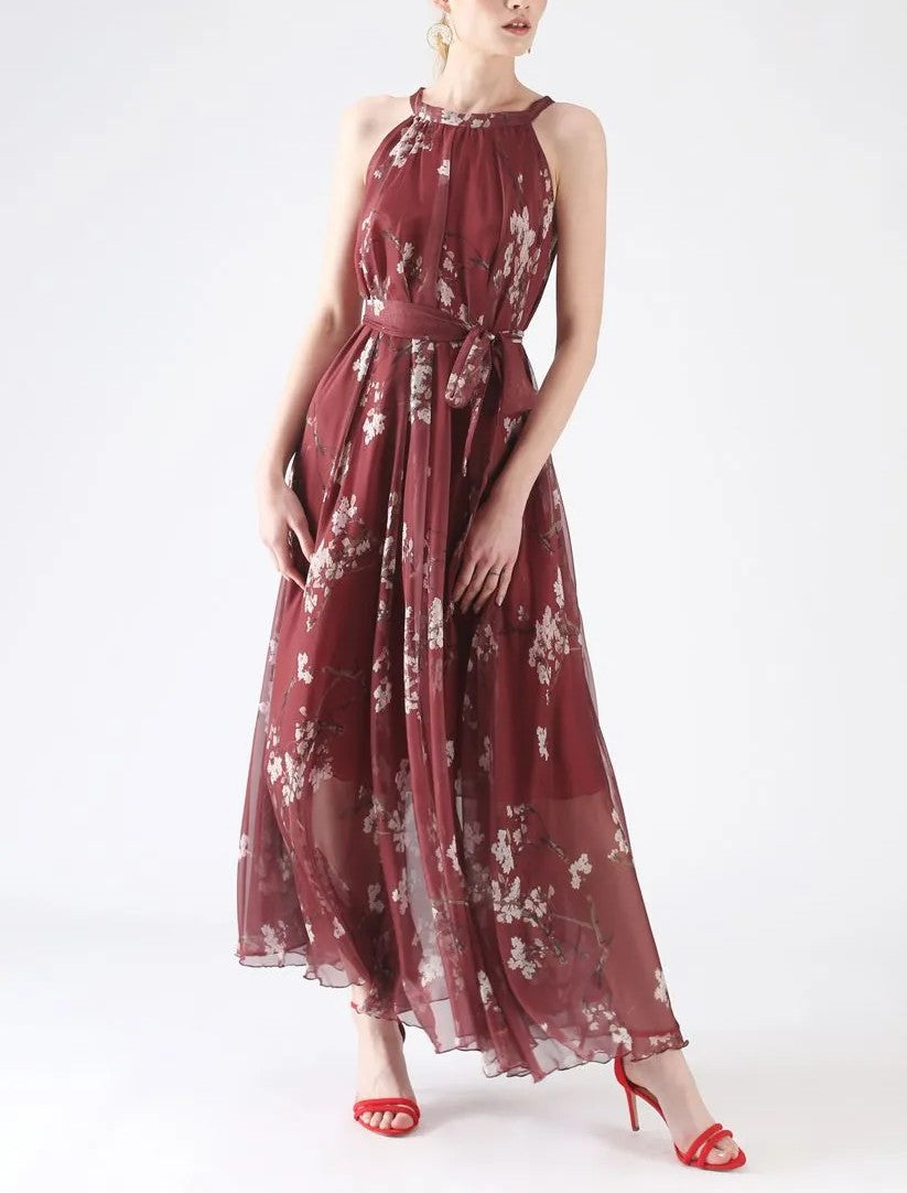 Wine Red Plum Blossom Reversible Halter Maxi Slip Dress