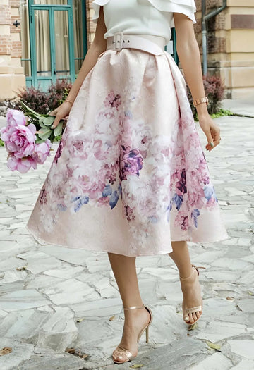Blush Lavender Peony Jacquard Pleated A‑Line Midi Skirt