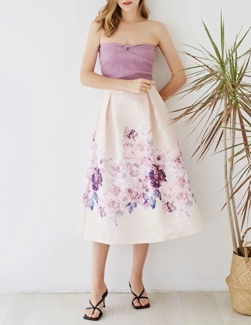 Blush Lavender Peony Jacquard Pleated A‑Line Midi Skirt
