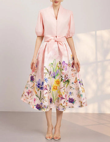 Pastel Floral Embossed Jacquard Box Pleat High Waist Midi Skirt