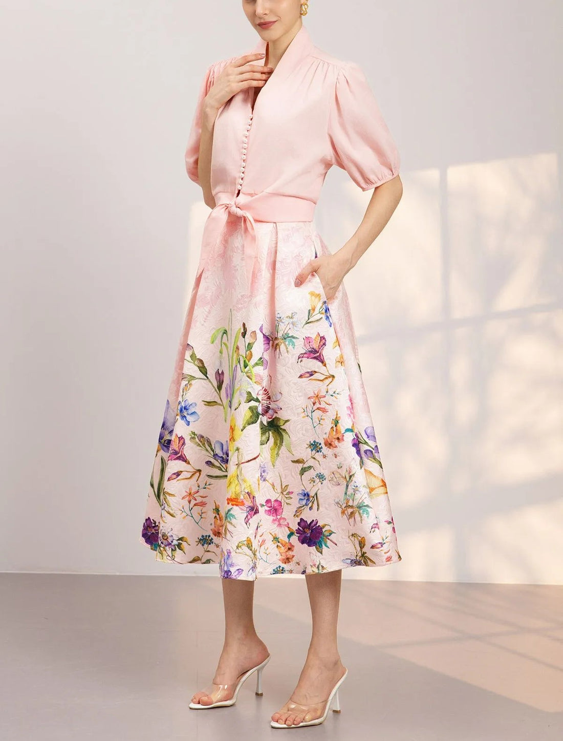 Pastel Floral Embossed Jacquard Box Pleat High Waist Midi Skirt