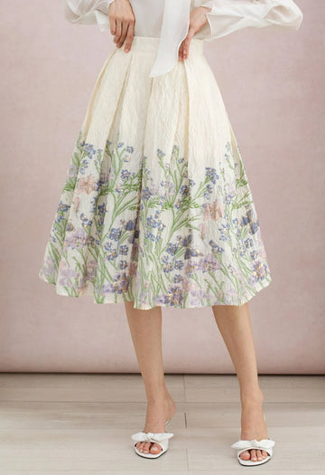 Cream Lilac Meadow Floral Embossed Jacquard Box Pleat Midi Skirt