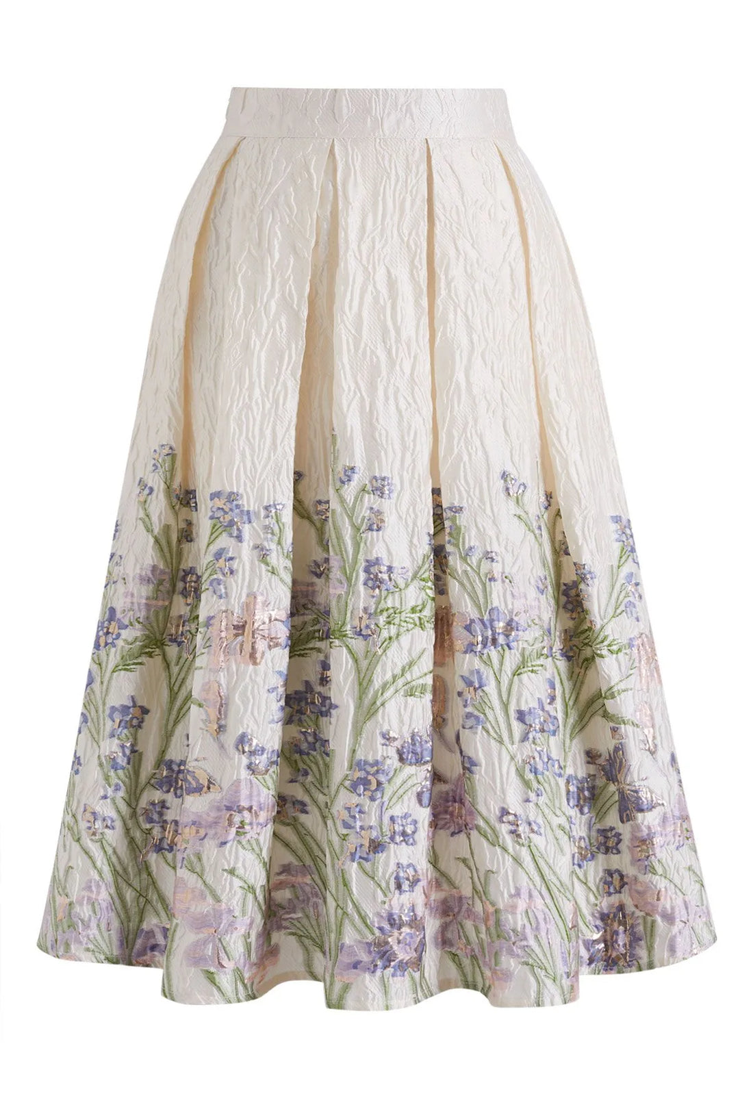 Cream Lilac Meadow Floral Embossed Jacquard Box Pleat Midi Skirt